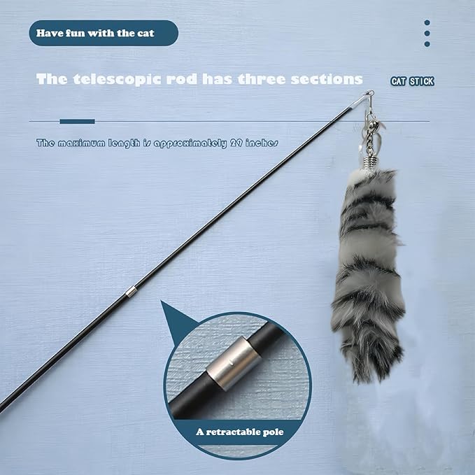 Interactive Cat Wand Toy with Cat Dancer, Retractable Feather Fox Tail Teaser for Indoor Cats, Enrichment Play Kittens to Senior Cats(Arctic White)