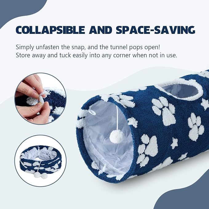 Straight Cat Tunnel for Indoor Cats 47"x12", Cute Cat Toys Collapsible Tunnel Tube with Balls for Puppy Kitten Rabbit, Blue Paw