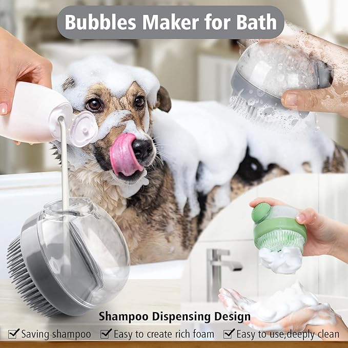 Dog Bath Scrubber Brush, 2 PCS Pet Dog Grooming Massage Shampoo Bath Brush with Soap and Shampoo Dispenser Soft Silicone Bristle for Long Short Haired Dogs Cats Shower