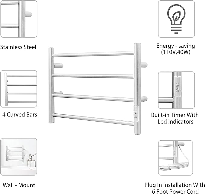 KEG Towel Warmer Wall Mounted with Built-in Timer 4 Bars Electric Stainless Steel Heated Towel Racks for Bathroom, Hot Plug-in Bath Towel Heater Brushed Nickel