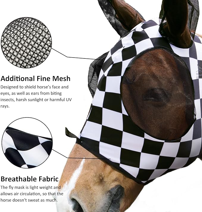 Harrison Howard Super Comfort Stretchy Fly Mask Large Eye Space with UV Protection Soft on Skin with Breathability Checker Board S