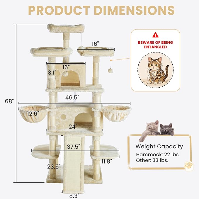SHA CERLIN 68 Inches Multi-Level Large Cat Tree for Large Kitties/Big Cat Tower with Condo/Cozy Plush ‌Pussycat Perches/Sisal Scratching Posts and Hammocks/Activity Center/Beige