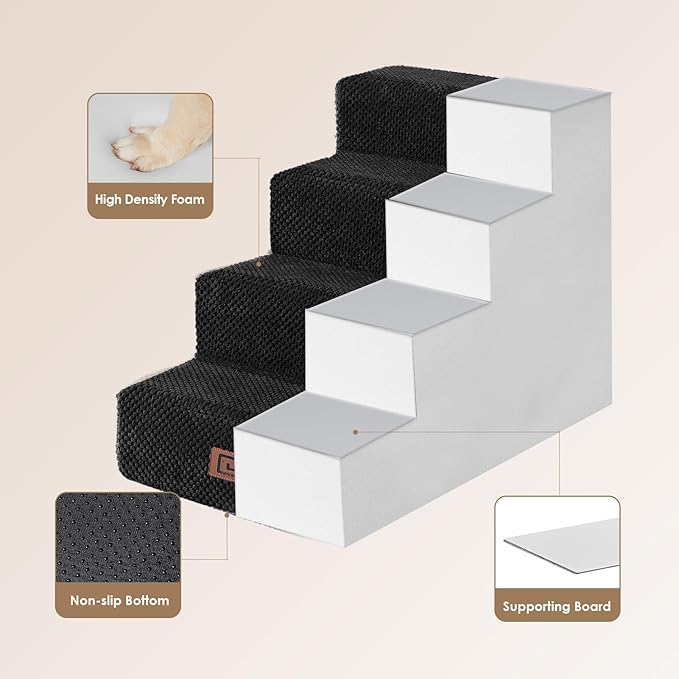 EHEYCIGA Dog Stairs for Bed 18" H, 4-Step Dog Steps for High Bed, Pet Steps for Small Dogs and Cats, Non-Slip Balanced Pet Ramp Indoor, Black