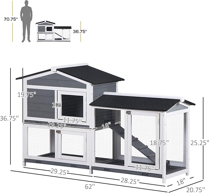 PawHut 62" Rabbit Hutch, Wooden Bunny Hutch, Guinea Pig Cage, Small Animal Enclosure with Run Area, Removable Tray, Asphalt Roof, Lockable Doors and Ramp, Gray