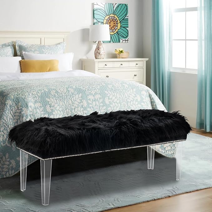 46 Inch Black Bedroom Bench, Benches for Bedroom White Faux Fur Upholstered Bed end Bench, Tufting Bench Indoor Bench with Acrylic Legs for Living Room Bedroom Dining Room Entryway, Black