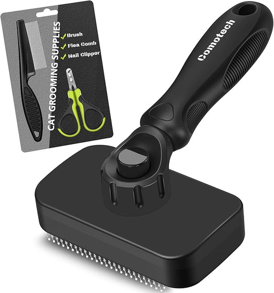 Comotech 3PCS Cat Grooming Supplies,Cat Brush & Nail Clipper/Trimmer & Flea Comb for Shedding Indoor Cats Dogs and Small Animals - Meet All Your Pet's Daily Grooming Needs - All in One Set (Black)