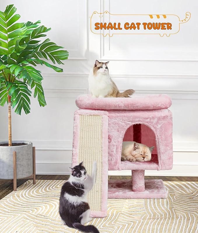 SYANDLVY Small Pink Cat Tree with Perch for Indoor Cats, Cat Tower with Scratching Post, Modern Activity House for Large Cats, Condo with Board, Kittens Cave