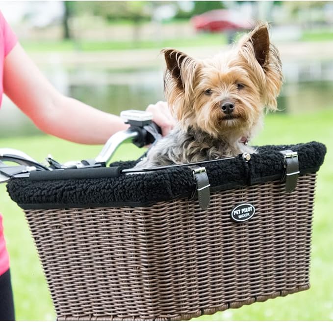Travelin K9 Pet-Pilot MAX Wicker Bike Basket for Dogs/Cats - Includes Wire Cage Top w/Sun Shade + Plush Removable Padded Liner