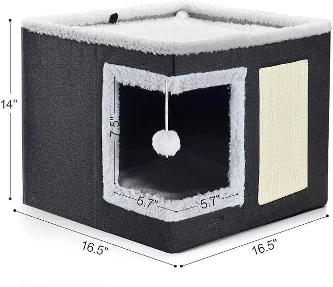 petizer Cat Bed for Indoor Cats, Large Covered Cat House with Scratch Pad, Foldable Cat Cave Bed & Hideaway Cube with Reversible Cushions, Cute Cat Condo for Multi Small Pet Kitten (Dark Grey)