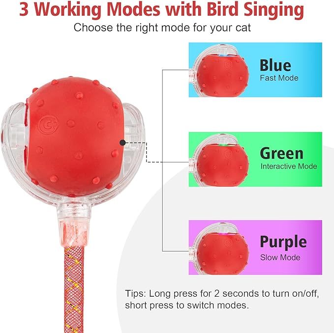 Red & Green Interactive Cat Toy Ball Combo – Automatic Agile Moving Cats Toys with 4 Tail Accessories, Bird Chirping & Motion Activated, Kitten Balls for Multi-Cat Households