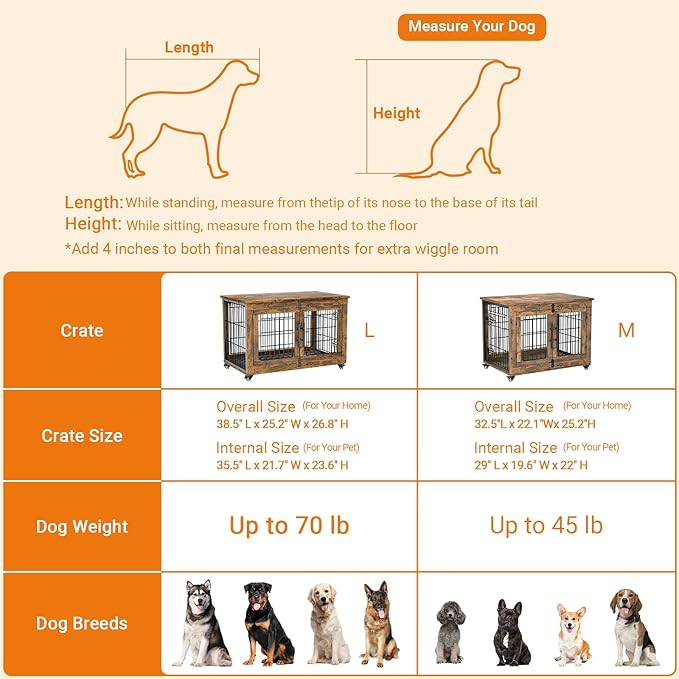 Lulive Dog Crate Furniture Set of 2, Dog Kennel Indoor Double Doors Wooden Dog Cage, 38'' Heavy Duty Dog Crate with Cushion & Wheels, End Table Pet House Chew-Resistant Up to 70 lb, Rustic Brown