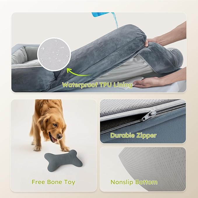 XXL Dog Bed for Extra Large Dogs, Giant Orthopedic Dog Beds with Cooling Gel Memory Foam, Waterproof Pet Bed with Removable Washable Cover, 53" Pet Sofa Bed Velvet with Bone Toy, Dark Gray