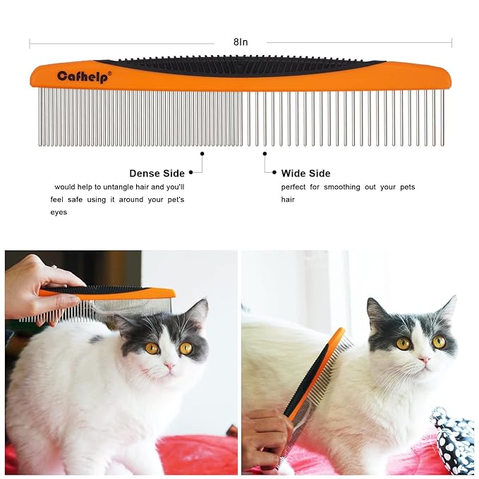 Metal Dog Comb and Cat Comb with Rounded Ends, Smooth Stainless Steel Teeth, Non-Slip Grip Handle for Removing Tangles and Knots in Greyhounds and Other Pets