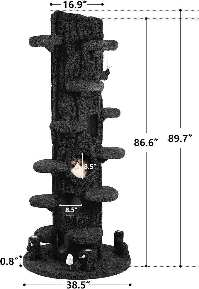Super Large Cat Tree for Indoor Cats, All-in-One Tall Cats Tower with Scratching Post, Luxury Multi-Level Solid Wood Cat Condo for Multi-Cat Families (Black)