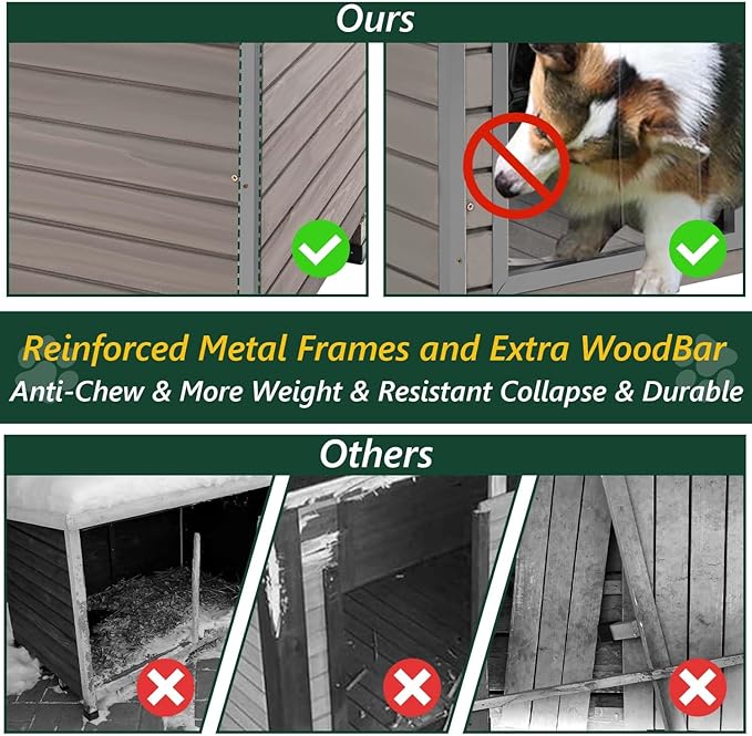 43.3" L Dog House Outdoor for Large Breeds Dogs Anti Chewing Iron Frames Dog Kennel Wooden Pet Houses for Indoor Outdoor with Weatherproof Roof,6 Elevated Feet, Reinforced Bottom Support
