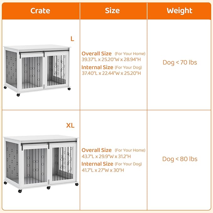 IchbinGo Large Dog Crate Furniture with Sliding Barn Door, 43.7" Wooden Dog Kennel End Table with Wheels and Flip-top Plate Dog House with Detachable Divider for Small/Medium/Large Dog (White)