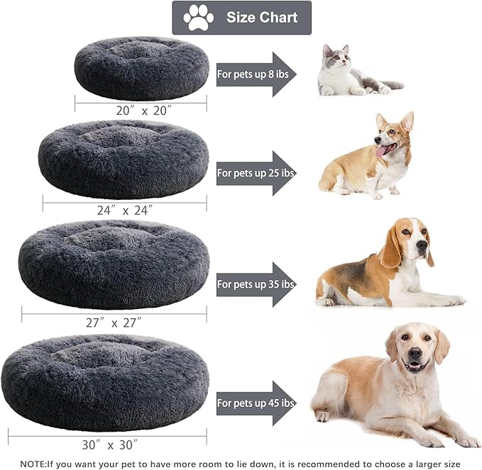 WNPETHOME Calming Dog Beds for Large Dogs, Anti-Anxiety Donut Pet Bed, Fluffy Faux Fur Plush Dog Bed，Warming Cozy Soft Round Pet Bed for Large Jumbo Dogs, Cat Cuddler Cushion