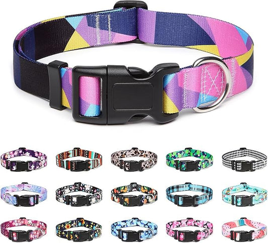 Mercano Adjustable Dog Collar - Special Design Patterns, Soft Nylon Comfortable Sturdy Pet Collar for Small Medium Large Dogs (M, Geometry Purple)