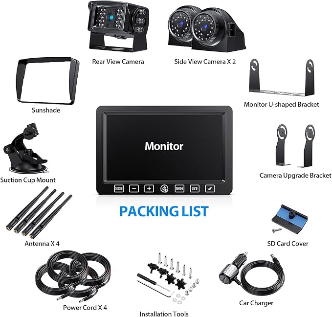 Wireless Backup Camera with 7 Inch DVR Quad Split Monitor for RV Trailer Truck, Digital Signal HD 1080P Wireless Rear Side View 3 Cameras Back Up System w/Recording 18 IR Night Vision (B3C)