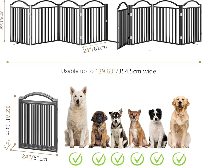 BHG Metal No-Assembly Freestanding Dog Gate with Door Walk Through, Extra Wide 96", Extra Tall 32" Pet Gate, Accordion Puppy Folding Playpen Dog Fence, with 2PCS Support (Black, 8 Panels)