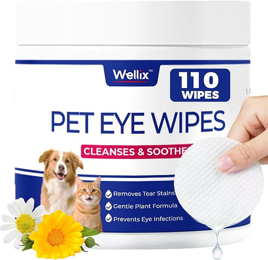 Wellix Dog & Cat Eye Wipes for Discharge and Crust - Pet Eye Wipes Tear Stain Remover for Dogs and Cats - Dog and Cat Grooming Wipes for Eyes and Wrinkle - 110 Counts