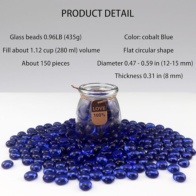 0.96LB Glass Beads Vase Filler Aquarium Gravel Decor Flat Glass Marbles Gems Pebbles Fish Tank Rocks Home Decorative Art Craft - Cobalt Blue