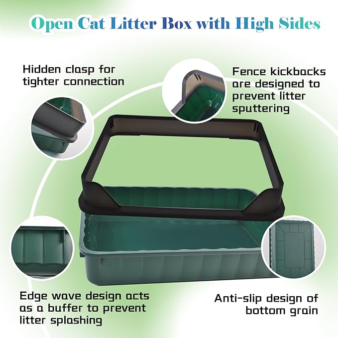 Cat Litter Boxes Large,Kitty Litter Box Low Entry High Sides,Semi Enclosed Front Entry Cat Pan Anti-Splashing Detachable Kitten Toilet with Scoop (Green)