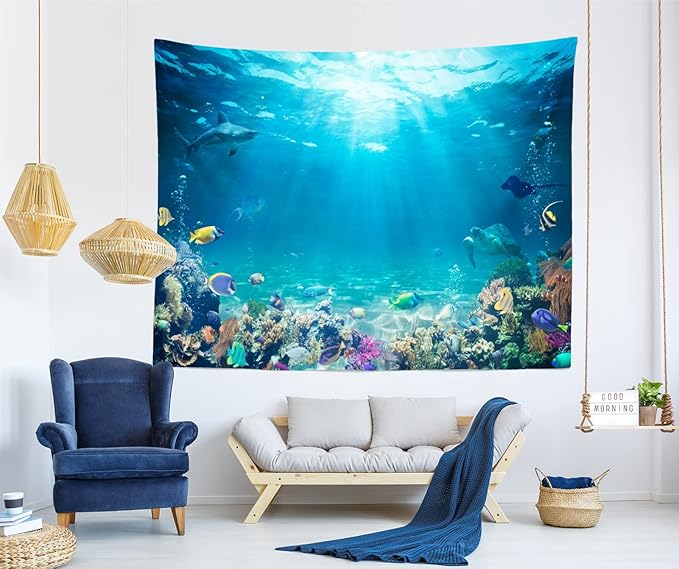 Loccor Underwater World Tapestry Blue Ocean Wall Hanging Under the Sea Coral Reef Wall Tapestry 179x118 Inches Tropical Fish Tank Undersea Tapestries Marine Wall Art for Bedroom Living Room Dorm Decor