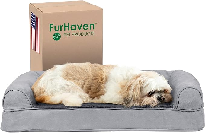 Furhaven Cooling Gel Dog Bed for Medium/Small Dogs w/ Removable Bolsters & Washable Cover, For Dogs Up to 35 lbs - Plush & Suede Sofa - Gray, Medium