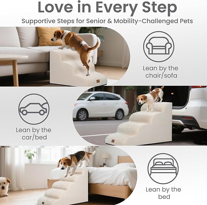 GoGoBunny Ramp Dog Stairs for High Beds 22.6" H, 5-Step Dog Slope Stairs with Durable Waterproof Fabric Cover, Pet Steps for Old Large Dogs Climbing, Non-Slip Sturdy Indoor Step, Beige