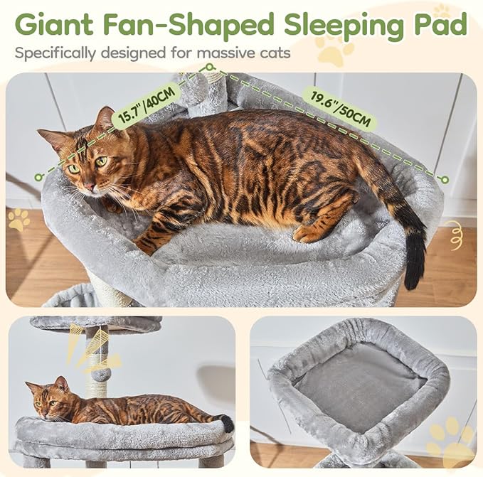 Taoqimiao 72 Inches Cat Tree for Large Cats, Multi-Level Tall Cat Tower, Widened Cat Condo with Large Scratch Board, 5 Scratching Posts, Metal Hammcock, Cozy Basket, Light Gray, MS045W