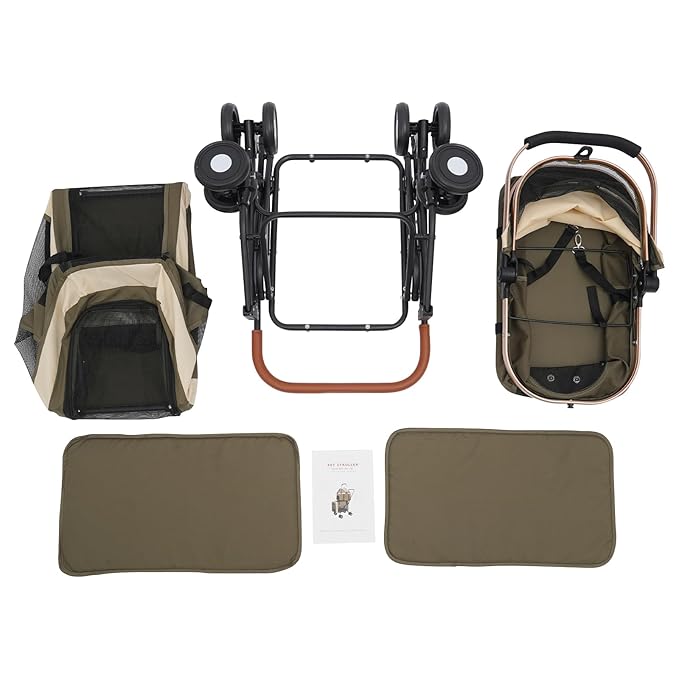 Foldable Pet Stroller for Small & Medium Dogs, Double Dog & Cat Stroller with 3-in-1 Travel System, Detachable Pet Carrier with Wheels for Cats and Dogs up to 77 lbs, Dark Green