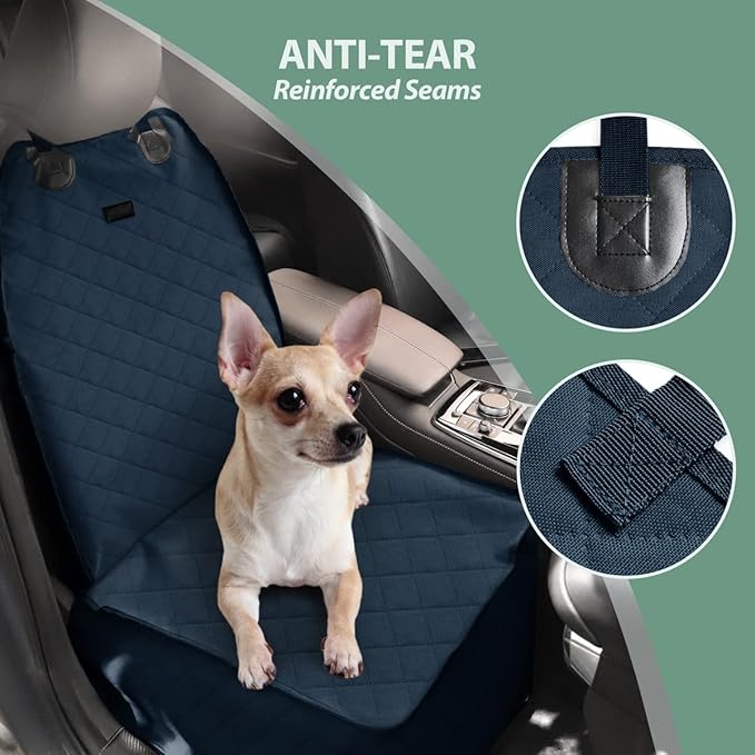 Dog Car Front Seat Cover with Side Flaps & Buckle Straps for Pet, 100% Waterproof 600D Oxford Single Seat Protector Heavy Duty Quilted Scratch Proof, Universal Size for SUV Truck, Blue