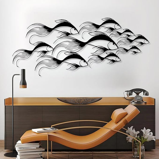 School of Fish Metal Wall Art, Metal Fish Wall Decor, Sea Life Wall Art, Large Nautical Wall Hanging, Modern Beach House Wall Decor, Ocean Themed Artwork for Bathroom (Black, 24"x10" | 60x25cm)