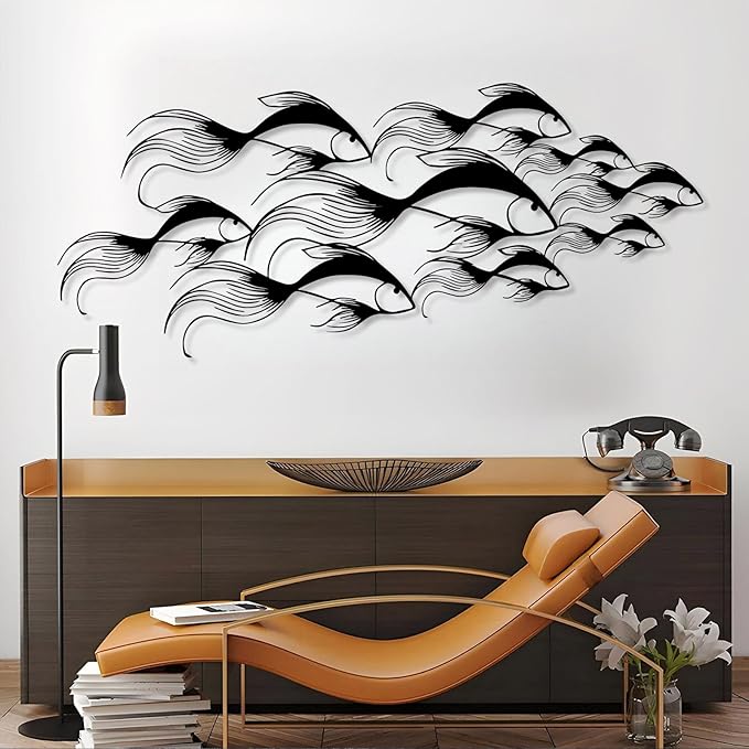 School of Fish Metal Wall Art, Metal Fish Wall Decor, Sea Life Wall Art, Large Nautical Wall Hanging, Modern Beach House Wall Decor, Ocean Themed Artwork for Bathroom (Black, 59"x25" | 150x64cm)