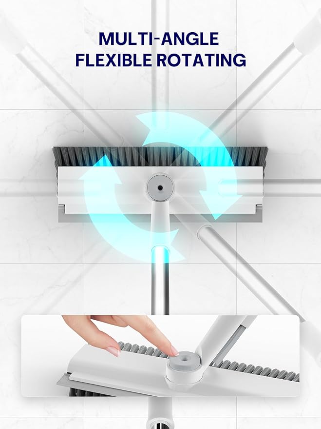 Floor Scrub Brush with Long Handle, 3 in 1 Scrape and Heavy-Duty Stiff Bristle Floor Scrubber Brush with Squeegee and Tweezer for Cleaning Tile Wall Deck Bathroom Patio Garage Kitchen (White)