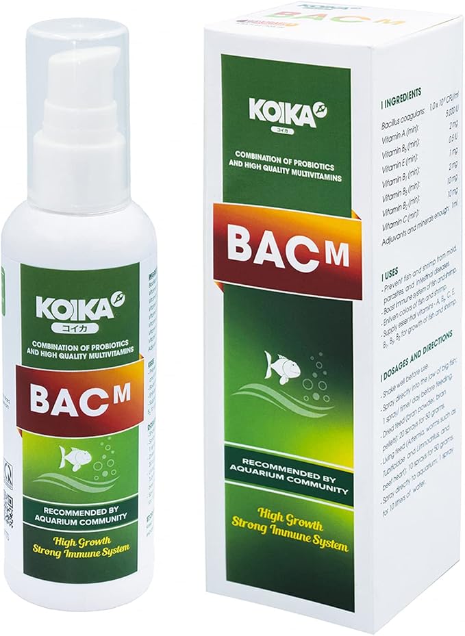 KOIKA BACM Natural Color Enhancement for Fish, Combination of Probiotic & Multi-Vitamins for Aquarium A, B6, B2, Pleasant Smell (BACM, 105ml)