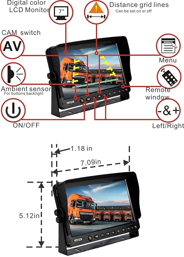AHD 1080P 7" Reverse Rear View Backup Dual Camera System, Two Cameras with Night Vision Waterproof IP69K Vibration-Proof 10G for Truck/Trailer/RV/Bulldozer/Crop Sprayer/Agricultural Equipment