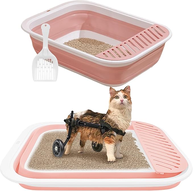 BNOSDM Senior Cat Litter Box Low Entry Kittens Travel Litter Box with Scoop Open Collapsible Shallow Cats Potty Pan Foldable Pet Toilet for Sick Disabled Older Elderly Cats Pink