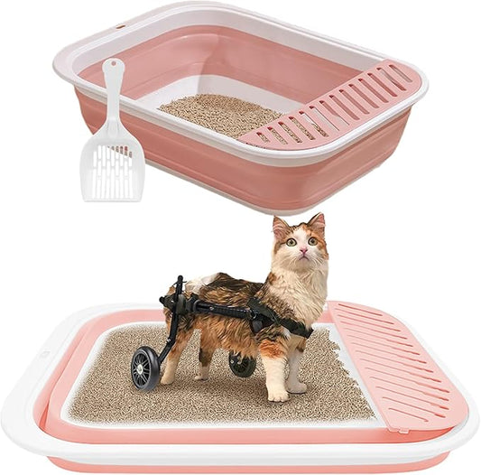BNOSDM Senior Cat Litter Box Low Entry Kittens Travel Litter Box with Scoop Open Collapsible Shallow Cats Potty Pan Foldable Pet Toilet for Sick Disabled Older Elderly Cats Pink