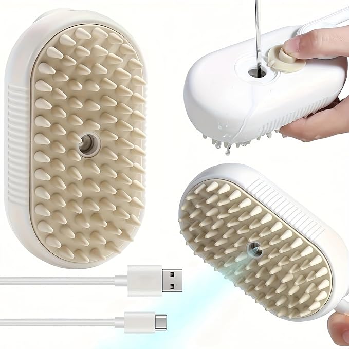 4 in 1 Pet Steam Brush, Cat Steam Brush, Quick & Easy Pet Hair Remover, Massaging & Deshedding - Anti-Static, Moisturizing, USB Rechargeable for Dogs & Cats (White)