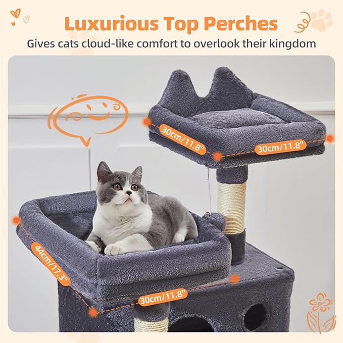 Taoqimiao Cat Tree 57.5-Inch, Cat Tower for Indoor Cats Large Adult, Extra Large Cat Condo, 8 Sisal Scratching Posts, Metal Frame Cozy Hammock, Durable Scratch Board, 2 Top Perches, Smoky Gray MS026G