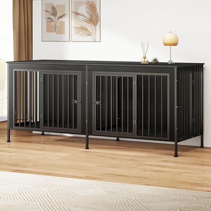 78 Inch Dog Cage Furniture for 2 Large/Medium Dogs with Removable Divider, Extra Large Double Doors Dog Kennel, XXL Thick Wooden Dog cage Furniture, Durable and Sturdy, Dark Grey