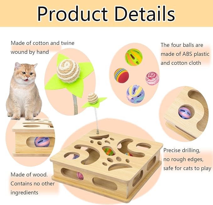 Interactive Wooden Cat Puzzle Toy Box Indoor Hunting Play Toy to Stimulate Your Cat’s Energy and Instincts (Burlywood)