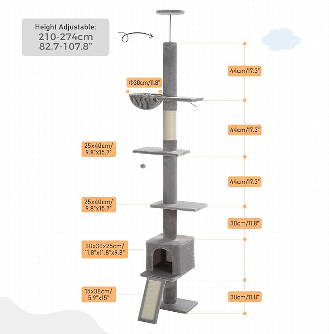 PEQULTI Floor to Ceiling Cat Tree, Tall Cat Tower, Adjustable Height (83''-108'') 5 Levels Climbing Tree for Indoor Cats with Cat Condo, Cozy Hammock and Scratching Post, Grey