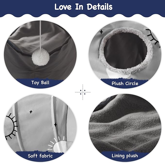 Tempcore Pet Cat Tunnel Tube Cat Toys 3 Way Collapsible, Cat Tunnels for Indoor Cats Fleece-Lined in for Warmth，Kitty Tunnel Bored Pet Toys Peek Hole Toy Ball Puppy, Kitten, Rabbit Gray Sun