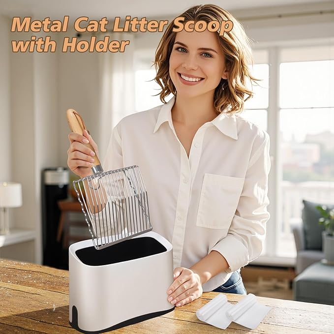 Metal Cat Litter Scoop with Holder, Poop Scooper with Stand&2 Rolls of Garbage Bag, Heavy Duty Stainless Steel Shovel with Wooden, Kitty Quick Sifter for Easy Cleaning, Essential Item for Cat