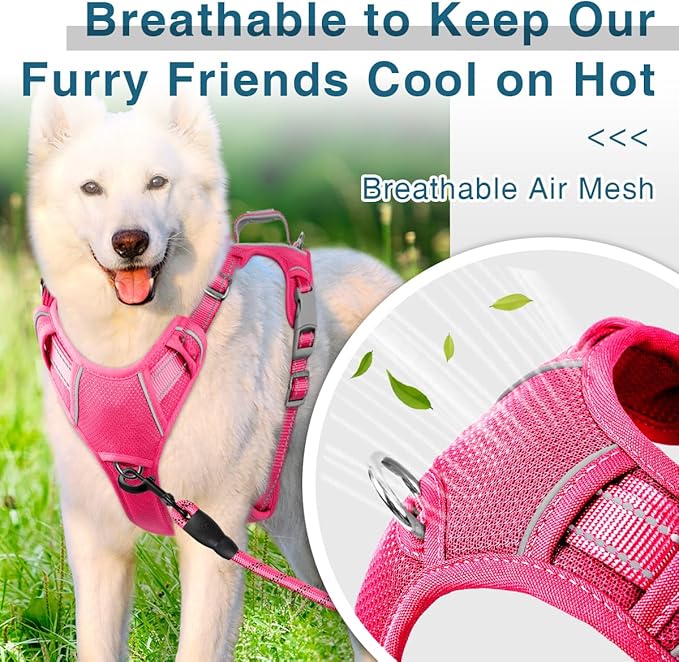 BARKBAY Dog Harness No Pull with ID Tag Pocket - Heavy Duty, Reflective, Easy Control for Large Dogs(Pink,L)