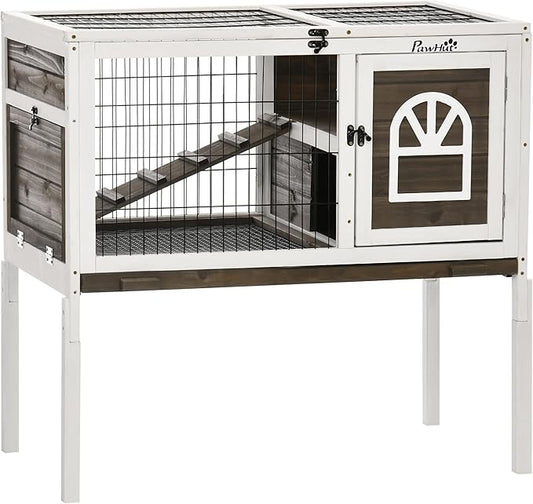 PawHut Wooden Rabbit Hutch, Indoor Elevated Guinea Pig Cage with Run, Ladder, Lockable Doors and Removable Tray, Coffee