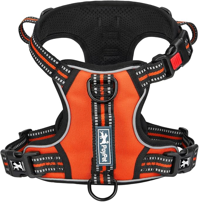 PoyPet No Pull Dog Harness, No Choke Front Clip Reflective Dog Vest with Soft Padded Vertical Handle, 3 Leash Attachments for Small Medium Large Dogs (Orange,M)